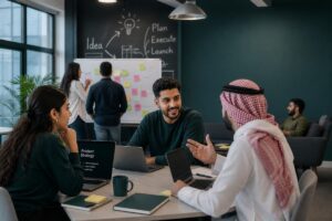 kickstart-90days-guide - Kickstart Bahrain - Kickstart Bahrain Startup team reviewing their first 90 days plan at Kickstart Bahrain